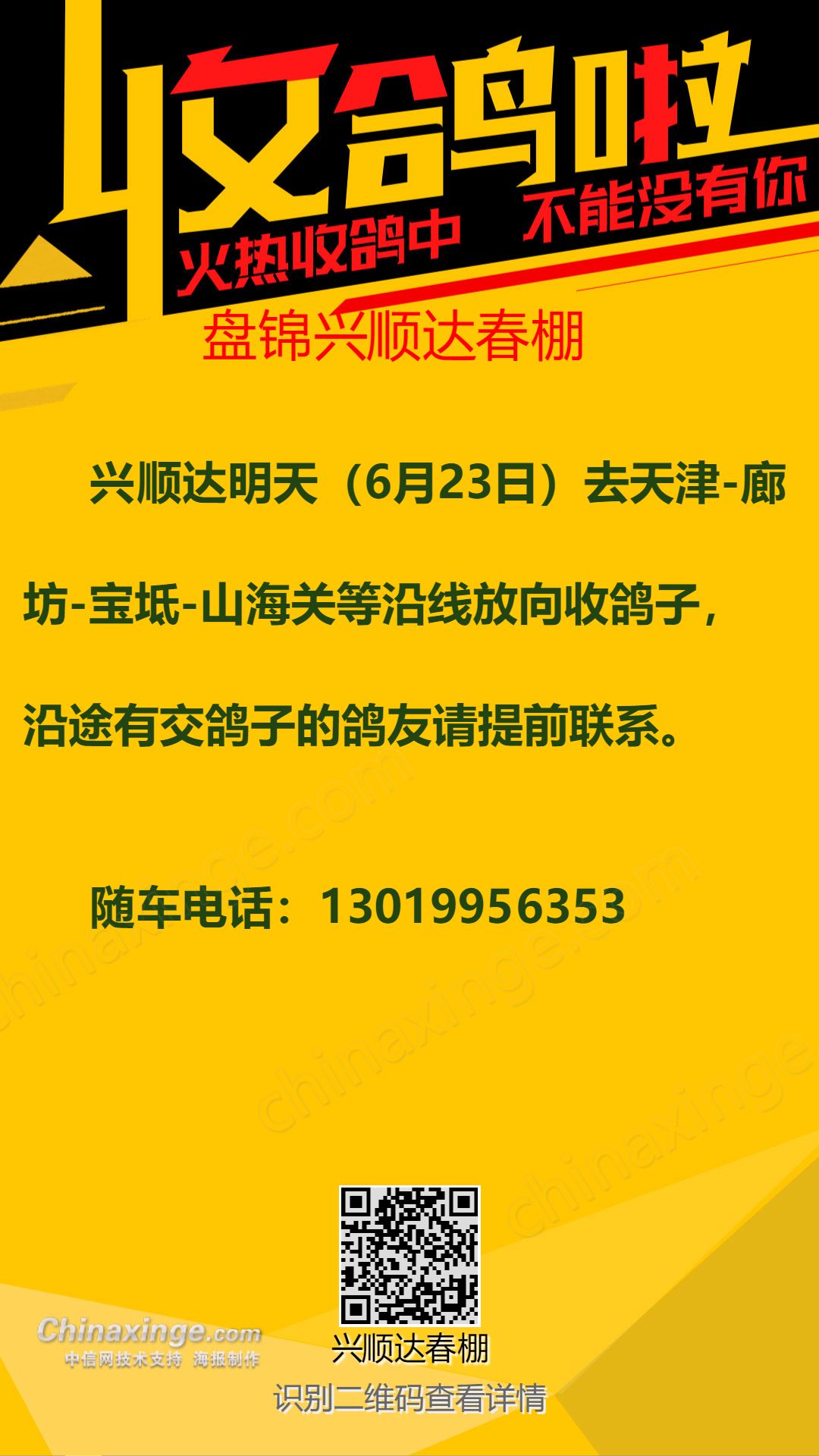 兴顺达明天(6月23日)天津方向接鸽路线